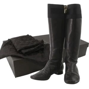 GUCCI black web trim leather gold bamboo charm zip riding boots EU36